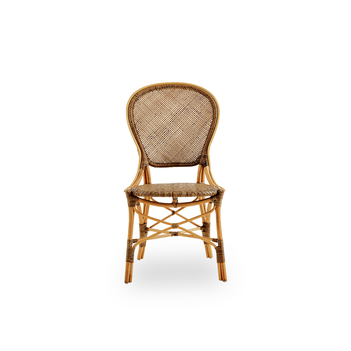 Vista frontal de la silla de comedor Rossini en color cereza.
Silla de mimbre elegante con respaldo redondo en un diseño sencillo. Hecha a mano con ratán de alta calidad.
