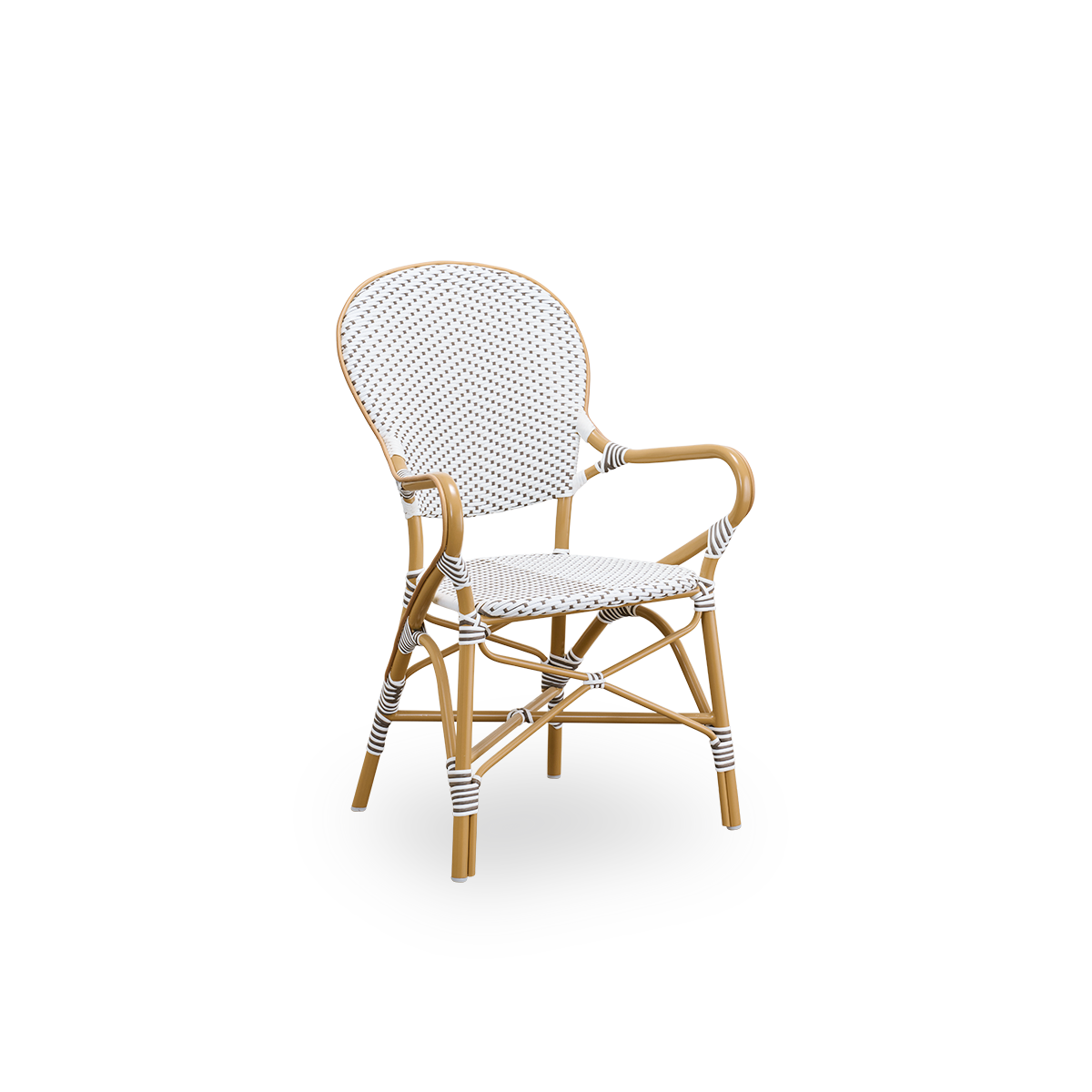 Vista lateral de la silla de comedor de exterior Isabell. Estructura de aluminio color almendra con asiento y respaldo de ArtFibre blanco con puntos marrones. Inspirada en el diseño de bistró de los años 50.