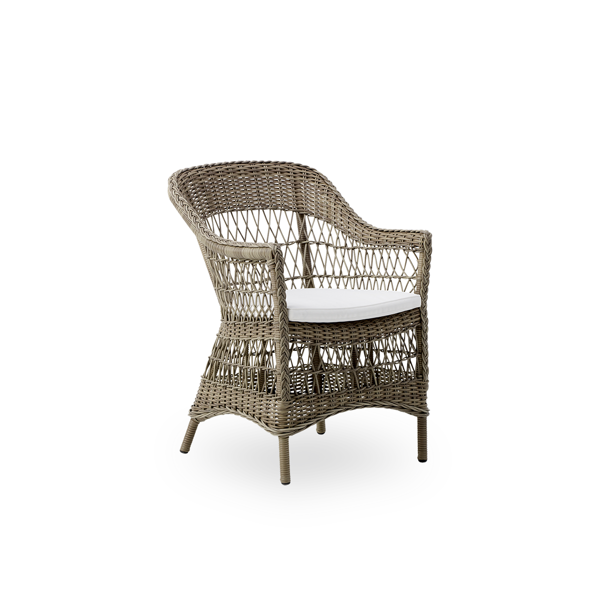 Vista lateral de la silla de comedor exterior Charlot en color Antique Grey, una silla exterior totalmente tejida al estilo colonial británico, hecha a mano con ArtFibre sobre estructuras de aluminio duraderas.