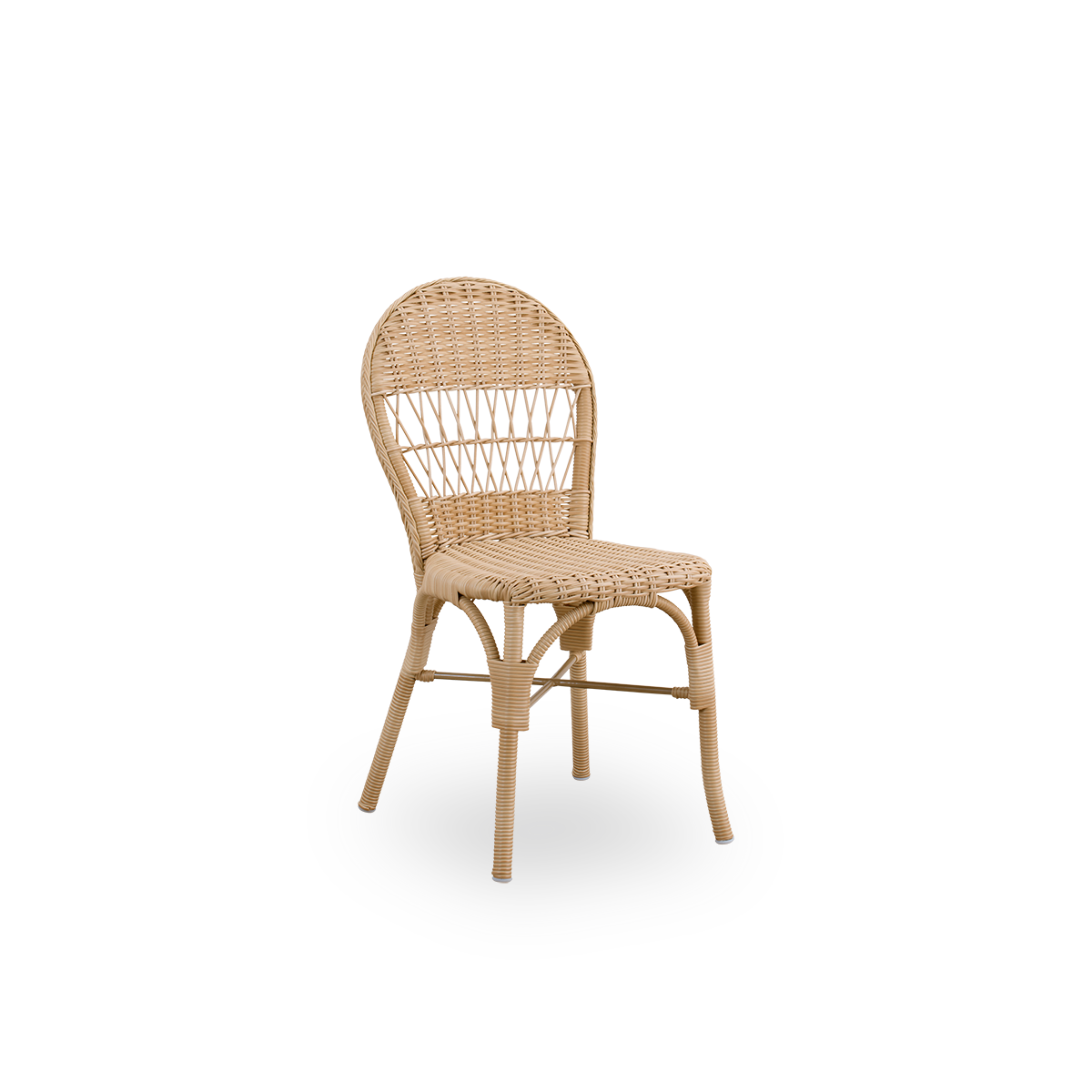 Vista lateral de la silla de comedor exterior Ofelia en color Antique Natural. Una silla de comedor más pequeña sin brazos, hecha de estructura de aluminio completamente tejida con ArtFibre.
