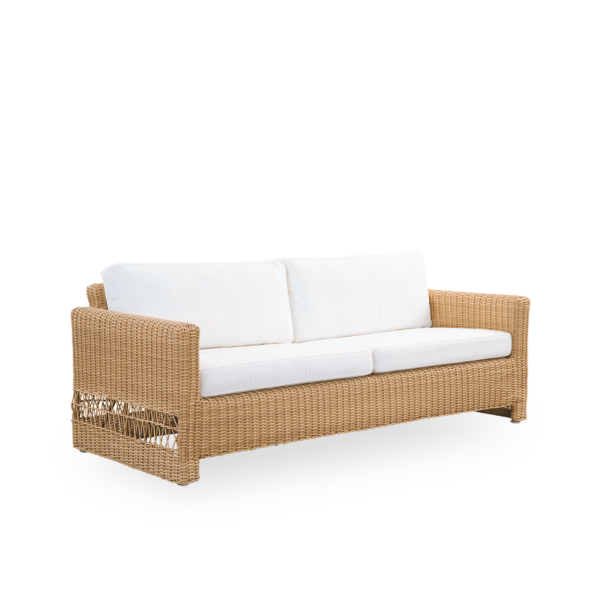 Vista lateral del sofá exterior Carrie en color Natural. Sofá cuadrado y robusto de 3 plazas con estructura de aluminio completamente tejida