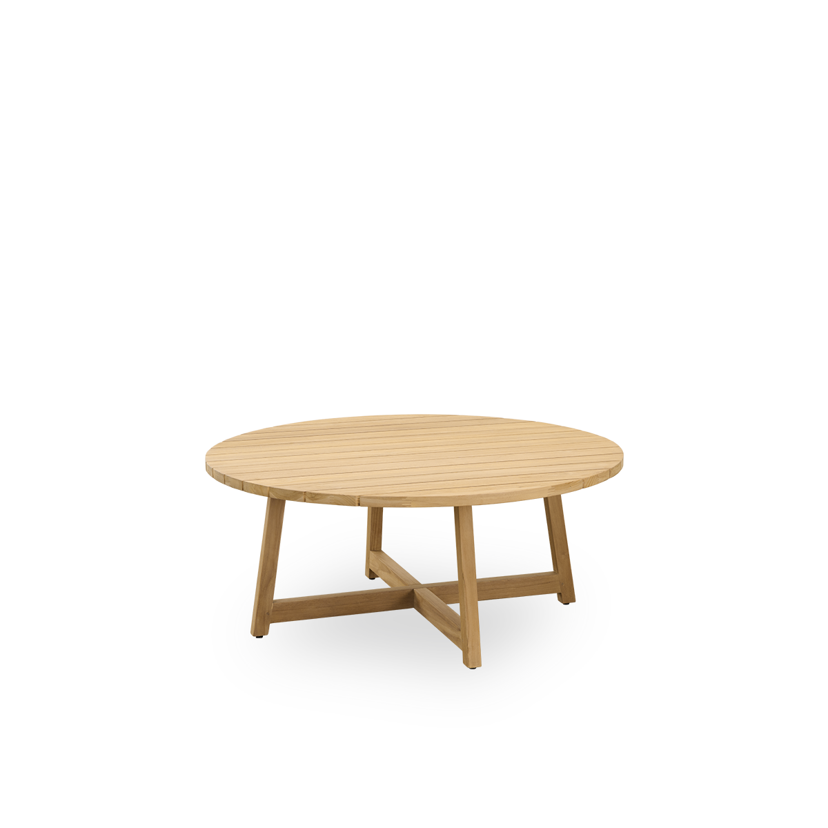 Vista lateral de la mesa de lounge exterior Victor redonda de teca Ø120 cm. Hecha a mano con madera legal indonesia certificada de alta calidad.