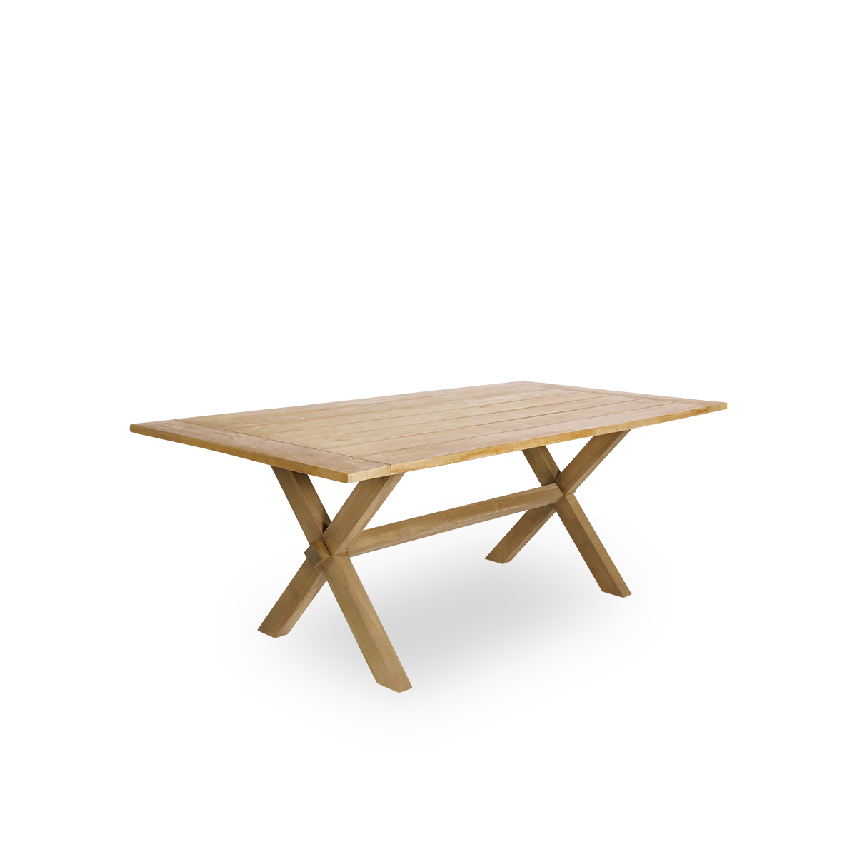 Vista lateral de la mesa de comedor exterior Colonial de teca 200x100 cm, apta para 6 personas. La mesa tiene un color castaño marrón, con las tablas de madera colocadas con un pequeño espacio entre ellas.