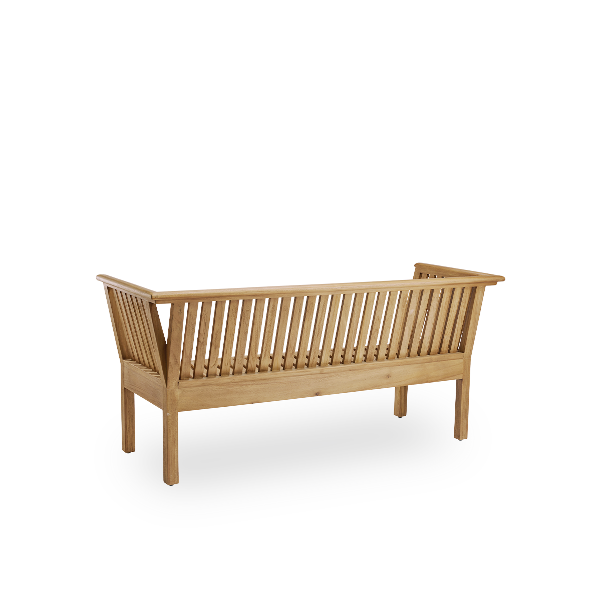 Vista trasera sencilla del banco exterior St. Catherine de teca, diseñado por Arne Jacobsen, longitud 180 cm. Banco sólido y duradero hecho a mano en madera de teca indonesia de alta calidad color castaño, certificada como ‘Indonesian Legal Wood’.