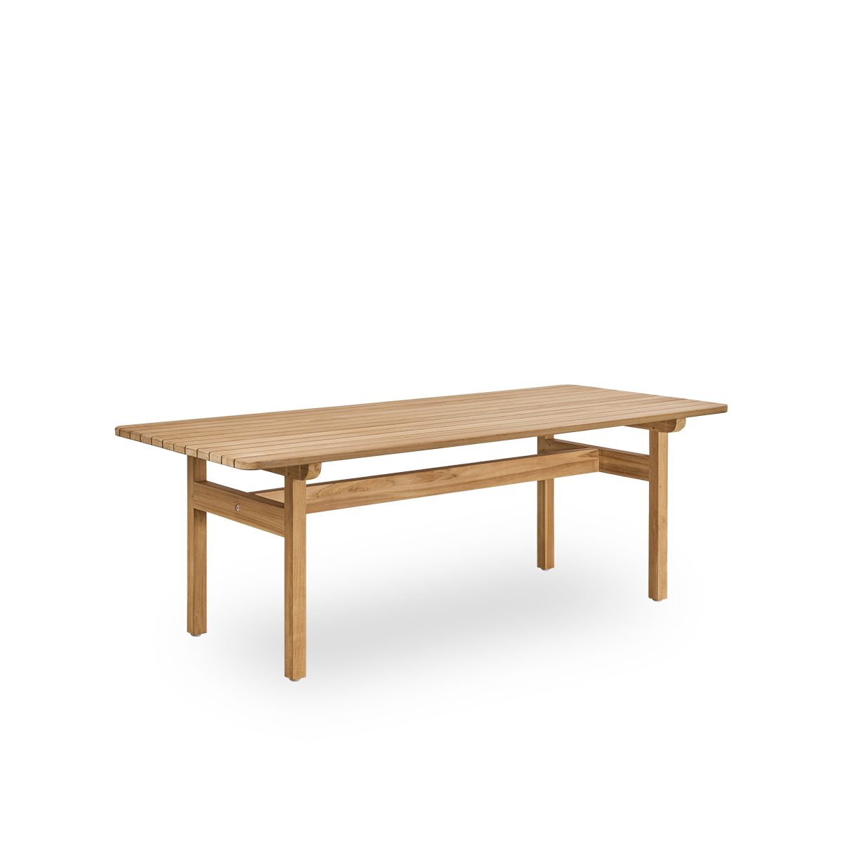 Vista lateral de la mesa de exterior Tobias de teca, diseñada por Arne Jacobsen, tamaño 205x91 cm. Hecha a mano en madera de teca indonesia de alta calidad y certificada.