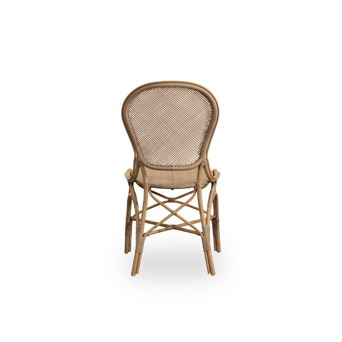 Vista trasera sencilla de la silla de comedor exterior Rossini en color Antique. Silla elegante con respaldo redondo de diseño sencillo. Estructura de aluminio con apariencia de ratán y asiento y respaldo tejidos en ArtFibre.