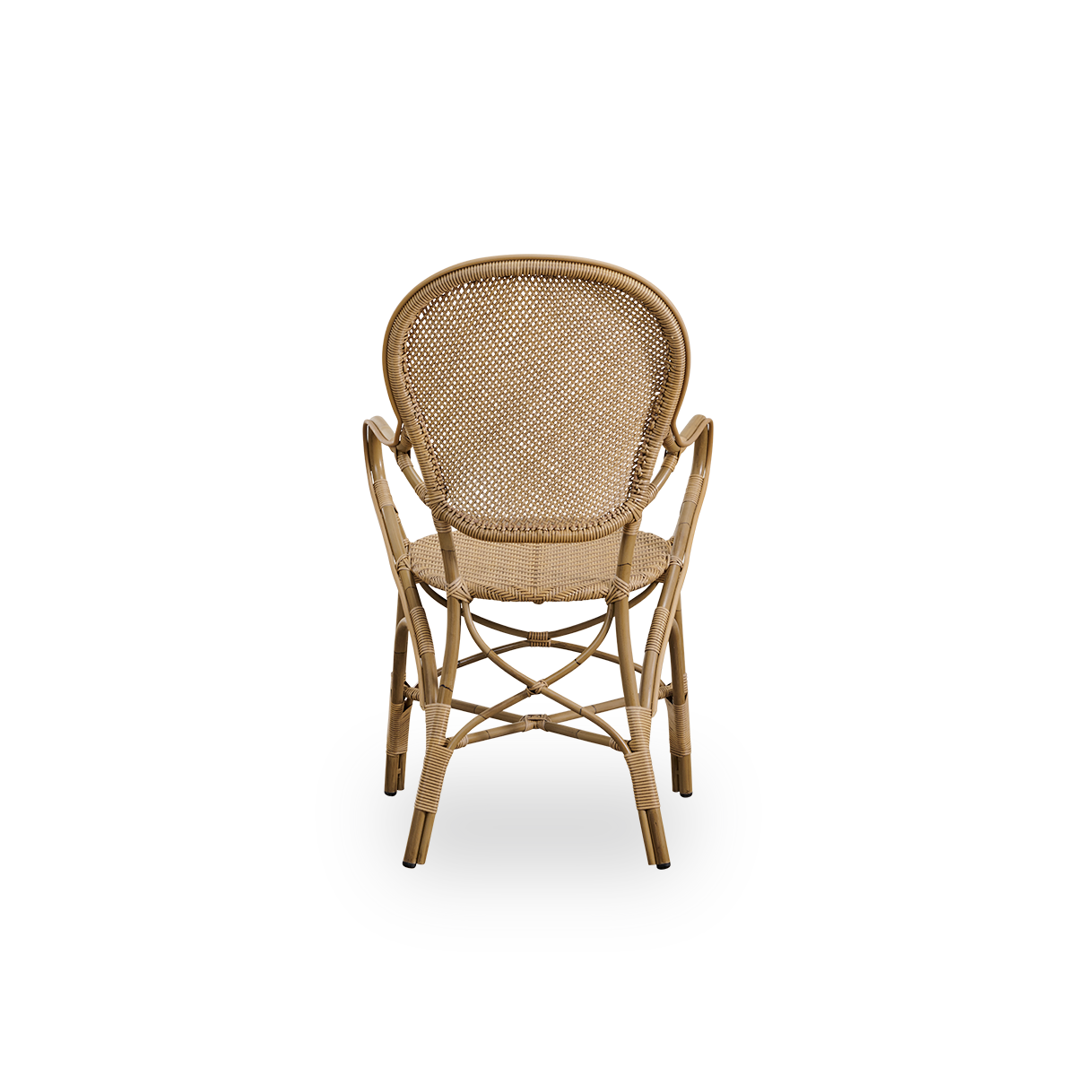 Vista desde atrás de la silla de comedor exterior Rossini con reposabrazos en color antiguo. Silla elegante con respaldo redondo y reposabrazos en un diseño sencillo. Estructura de aluminio con aspecto de ratán y asiento y respaldo tejidos en ArtFibre.
