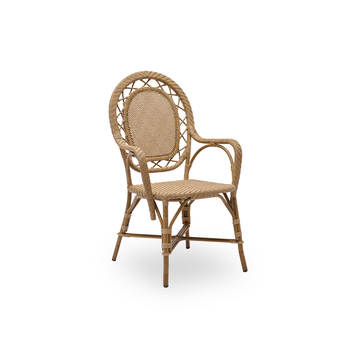 Vista lateral de la silla de comedor exterior Romantica en color Antique Brown. Elegante y romántica silla de comedor con respaldo redondo y asiento completamente tejido, con un encantador diseño danés. Estructura de aluminio con acabado en apariencia de