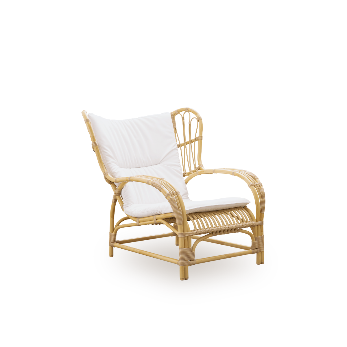 Vista lateral del sillón lounge exterior Teddy, diseñado por Viggo Boesen. Gran sillón envolvente hecho con estructura de aluminio con apariencia de ratán y revestido con ArtFibre.