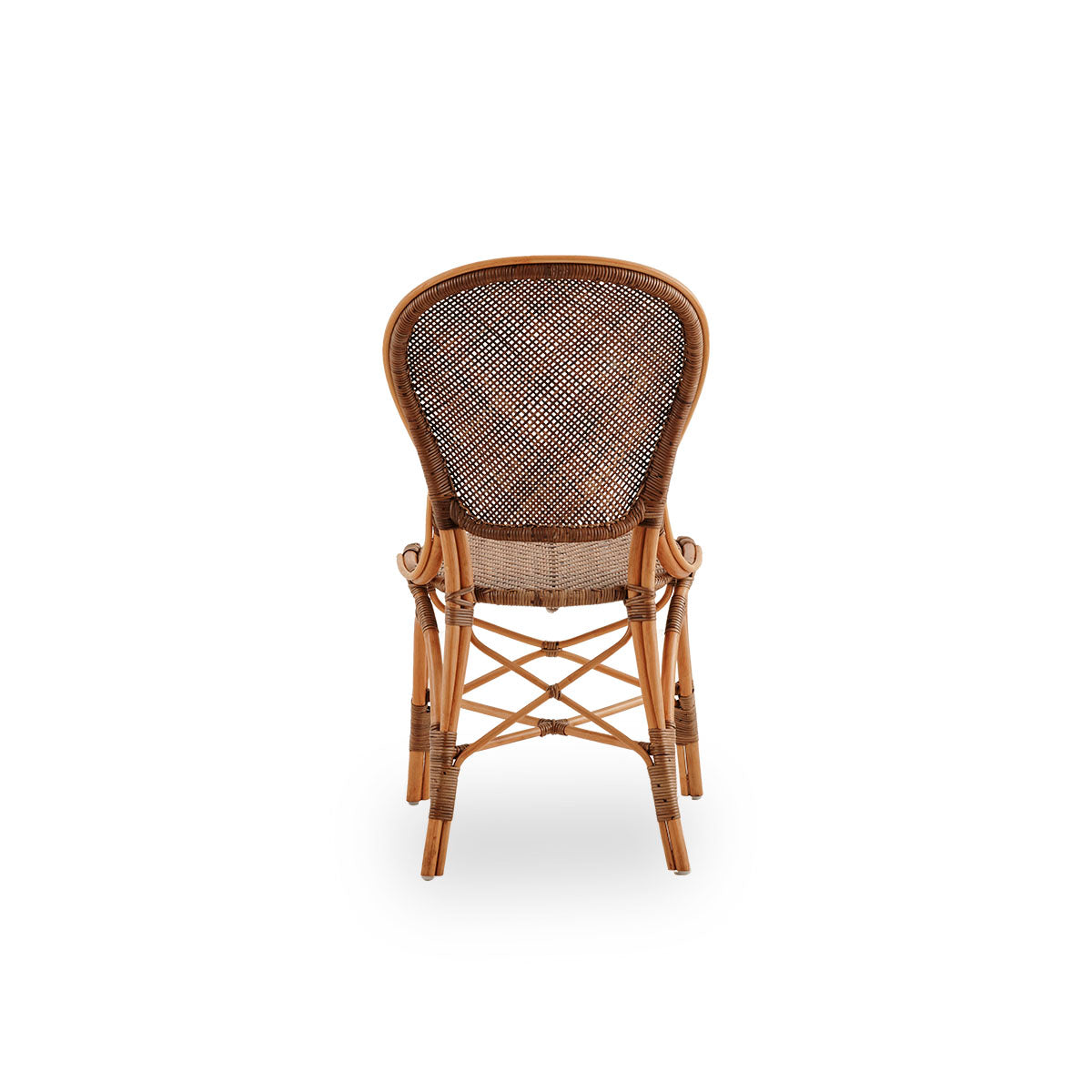 Plain back view of Rossini dining chair in Cherry color. Elegant wicker chair with round backrest in simple design. Handcrafted from high quality rattan.