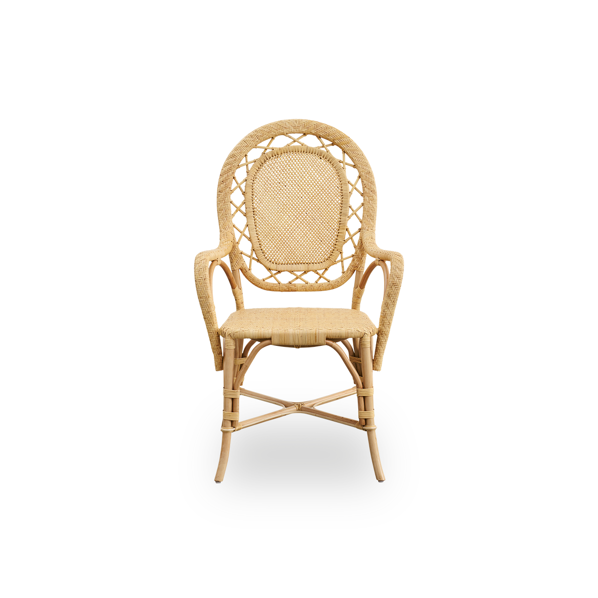 Vista frontal de la silla de comedor exterior Romantica en color marrón antiguo.
Silla de comedor elegante y romántica con respaldo redondo y asiento completamente tejido en un encantador diseño danés. Estructura de aluminio con aspecto de ratán y uniones