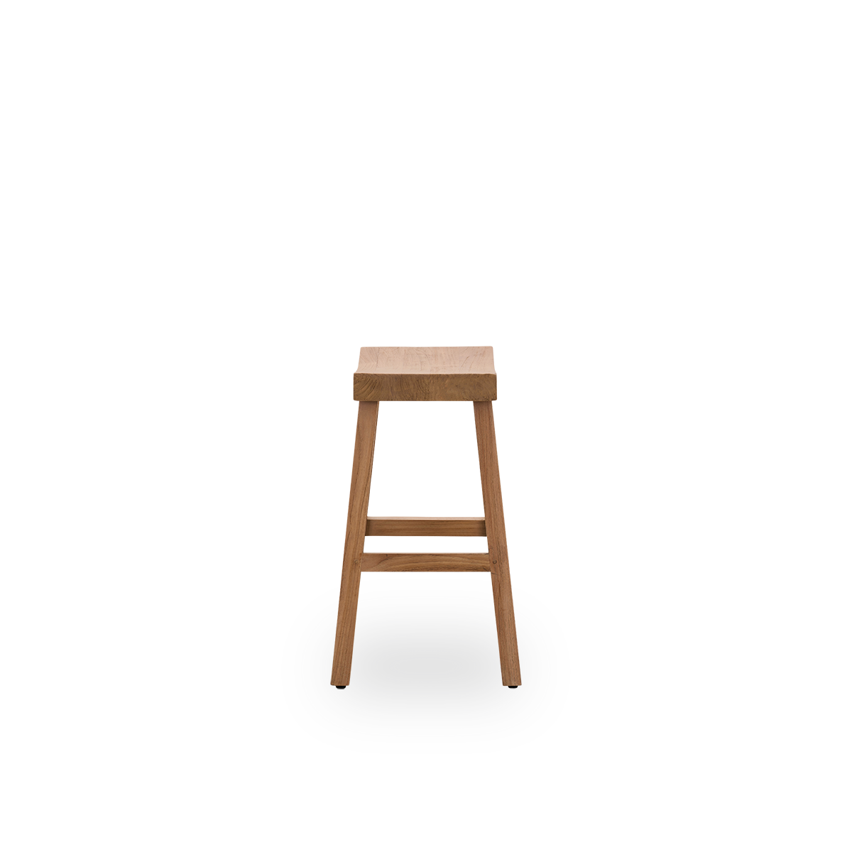 Vista lateral sencilla del taburete de barra Charles, un taburete elegante hecho de teca patinada elaborada con madera legal de Indonesia, con un acabado rústico.