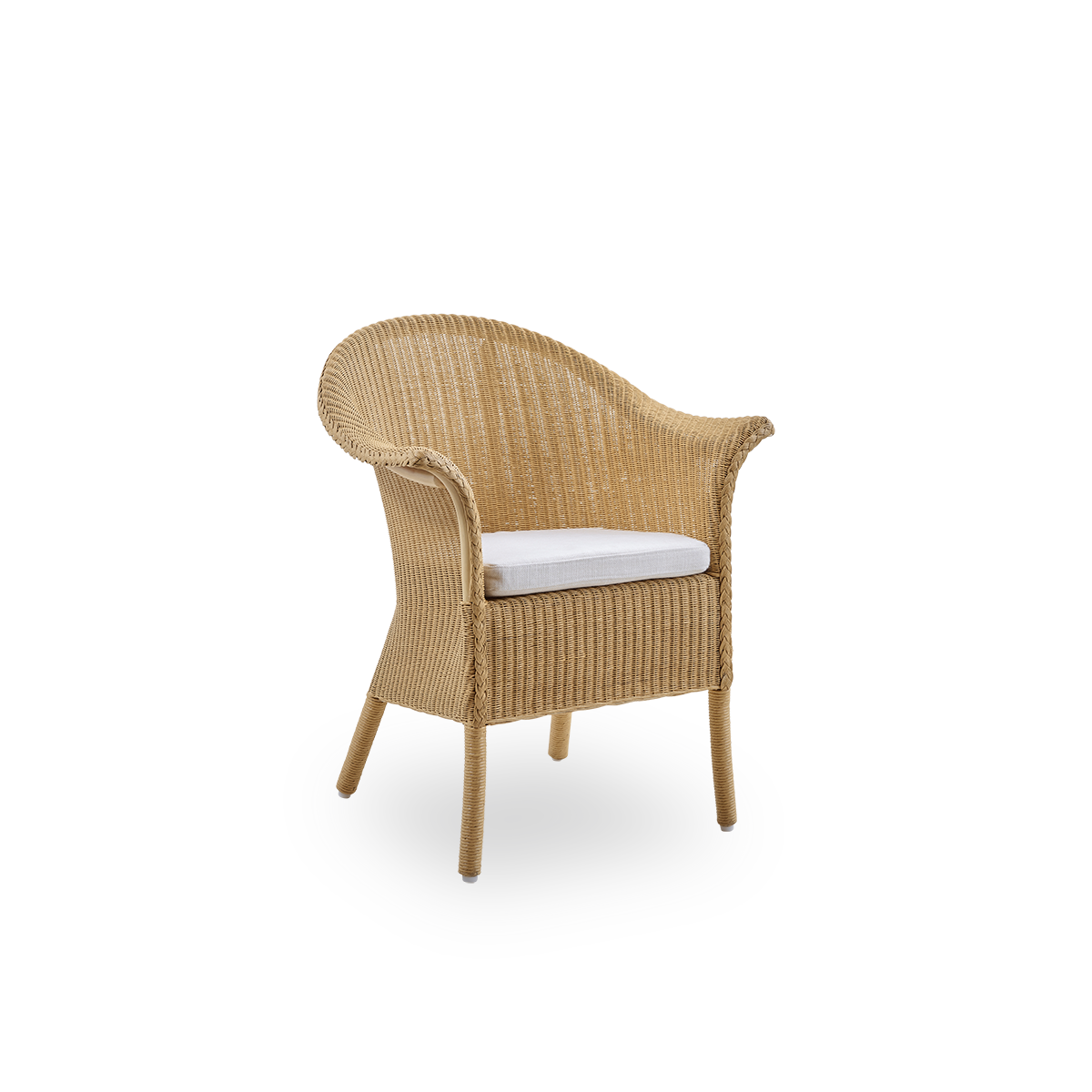Vista lateral de la silla de comedor Classic, una silla de comedor totalmente tejida en material Lloyd Loom, hecha a mano. La silla Classic cuenta con reposabrazos y respaldo alto para mayor comodidad y soporte.