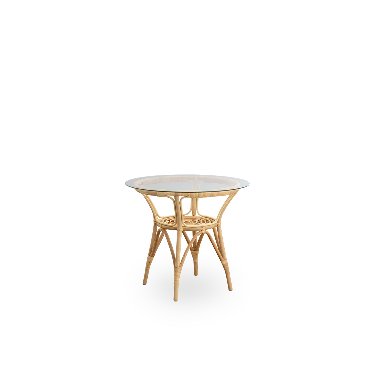 Vista lateral de la mesa de café Tony de ratán con tapa de vidrio templado de 8 mm. Estructura de ratán hecha a mano con ratán indonesio de alta calidad.