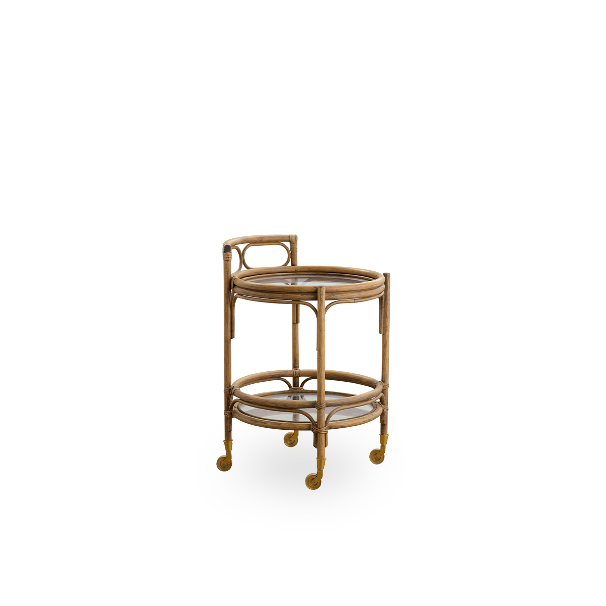 Vista lateral del carrito de ratán Romeo en color Antique Brown, versátil como carrito de bar, mesa para plantas, mesa auxiliar de cocina o mesita de noche. Hecho a mano con ratán de alta calidad de Indonesia.