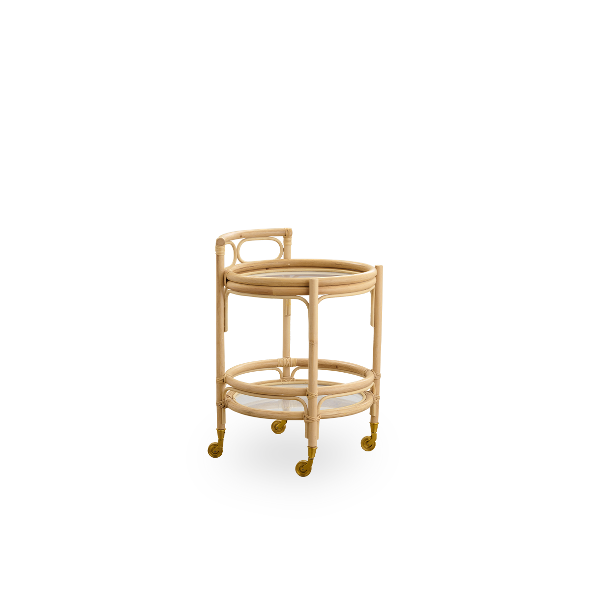 Vista lateral del carrito de ratán Romeo en color Natural, versátil como carrito de bar, mesa para plantas, mesa auxiliar de cocina o mesita de noche. Hecho a mano con ratán de alta calidad de Indonesia.
