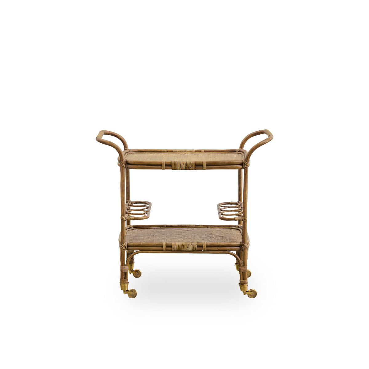 Vista frontal del carrito de bar Carlo, hecho a mano con ratán indonesio de alta calidad en acabado marrón antiguo, con tejido detallado sobre una estructura sólida de ratán.