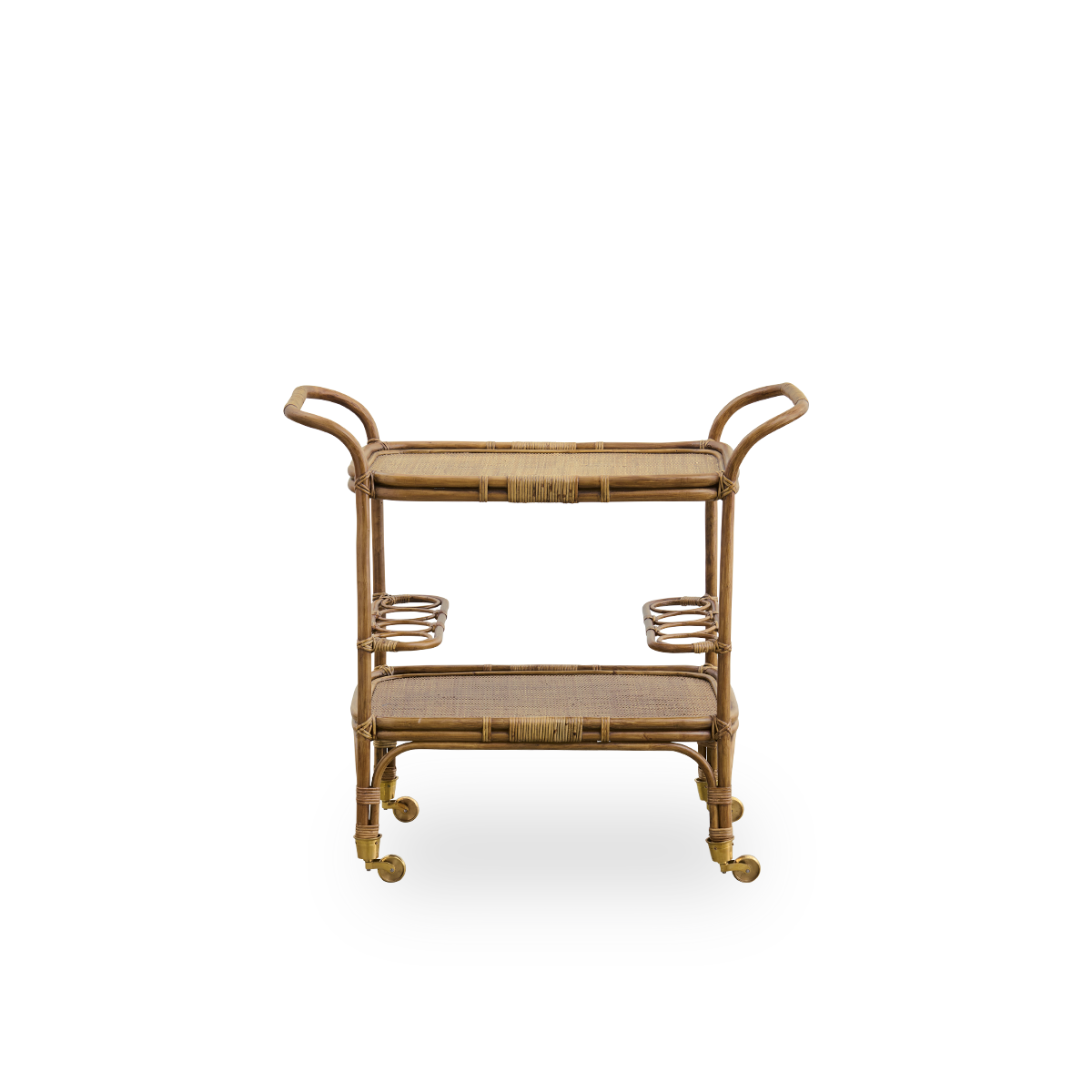 Vista frontal del carrito de bar Carlo, hecho a mano con ratán indonesio de alta calidad en acabado marrón antiguo, con tejido detallado sobre una estructura sólida de ratán.