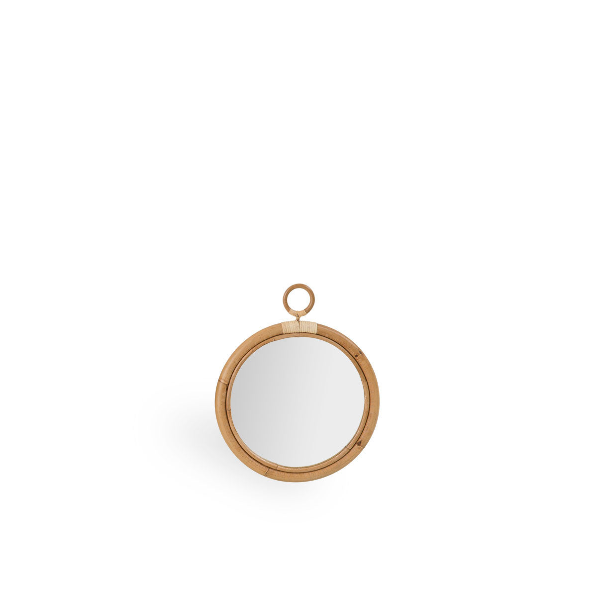 Espejo redondo de ratán Ella, tamaño Medium, con un diámetro de 40 cm. Hecho a mano con ratán indonesio de alta calidad.