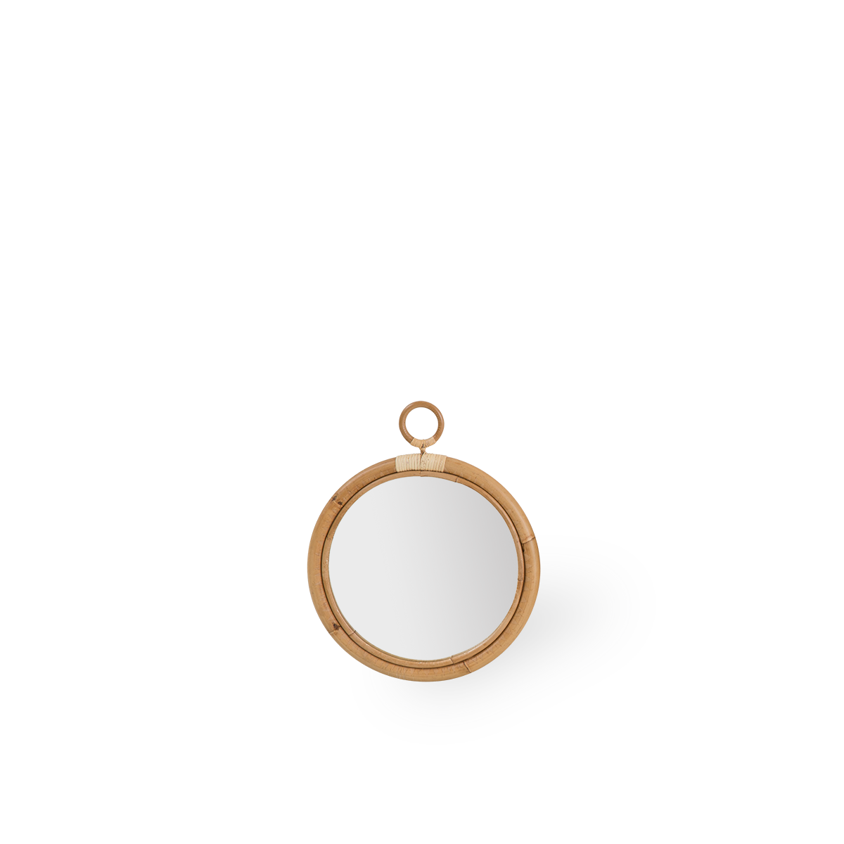 Espejo redondo de ratán Ella, tamaño Medium, con un diámetro de 40 cm. Hecho a mano con ratán indonesio de alta calidad.