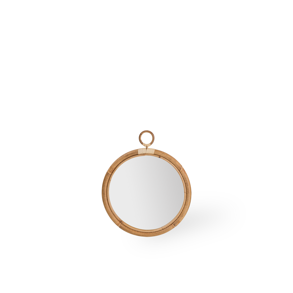 Espejo redondo de ratán Ella, tamaño Medium, con un diámetro de 45 cm. Hecho a mano con ratán indonesio de alta calidad.