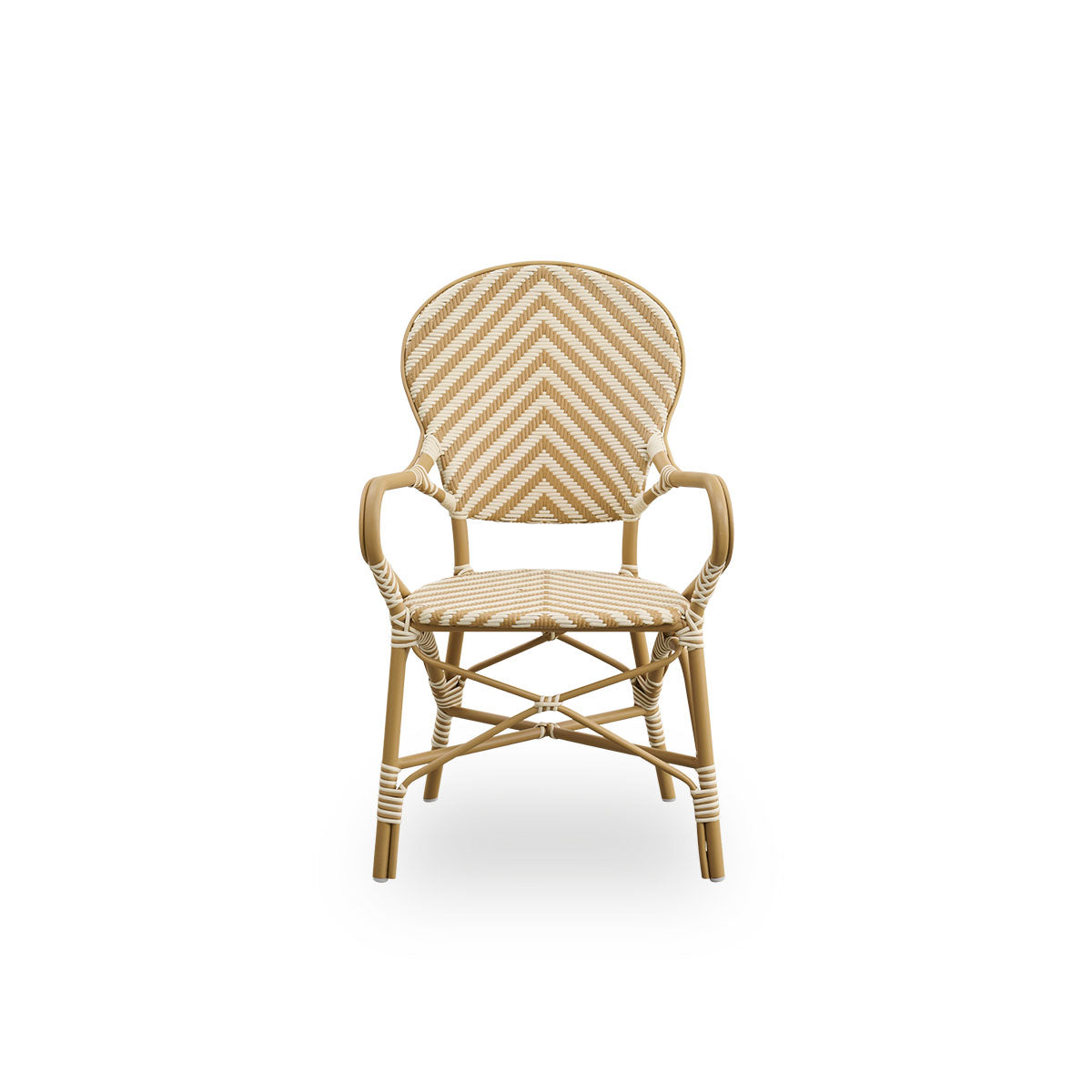Front view of the Isabell outdoor dining armchair.
Almond-colored aluminium frame with seat and backrest made in ArtFibre in an ivory and honey-colored herringbone pattern.
