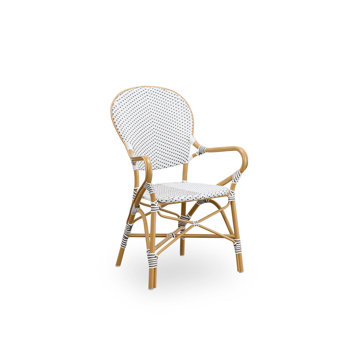 Side view of Isabell outdoor dining armchair. Almond colored aluminium frame with seat and backrest made in white ArtFibre with brown dots. Inspired by 1950s bistro design.