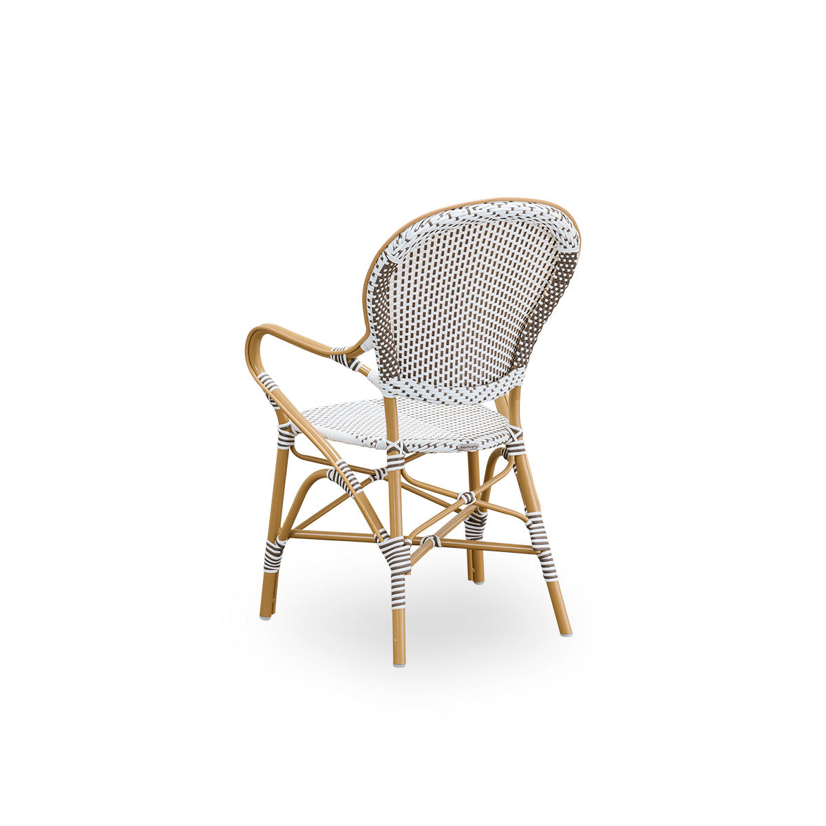 Back side view of the Isabell outdoor dining armchair.
Almond-colored aluminum frame with seat and backrest made in white ArtFibre with brown dots. Inspired by 1950s bistro design.