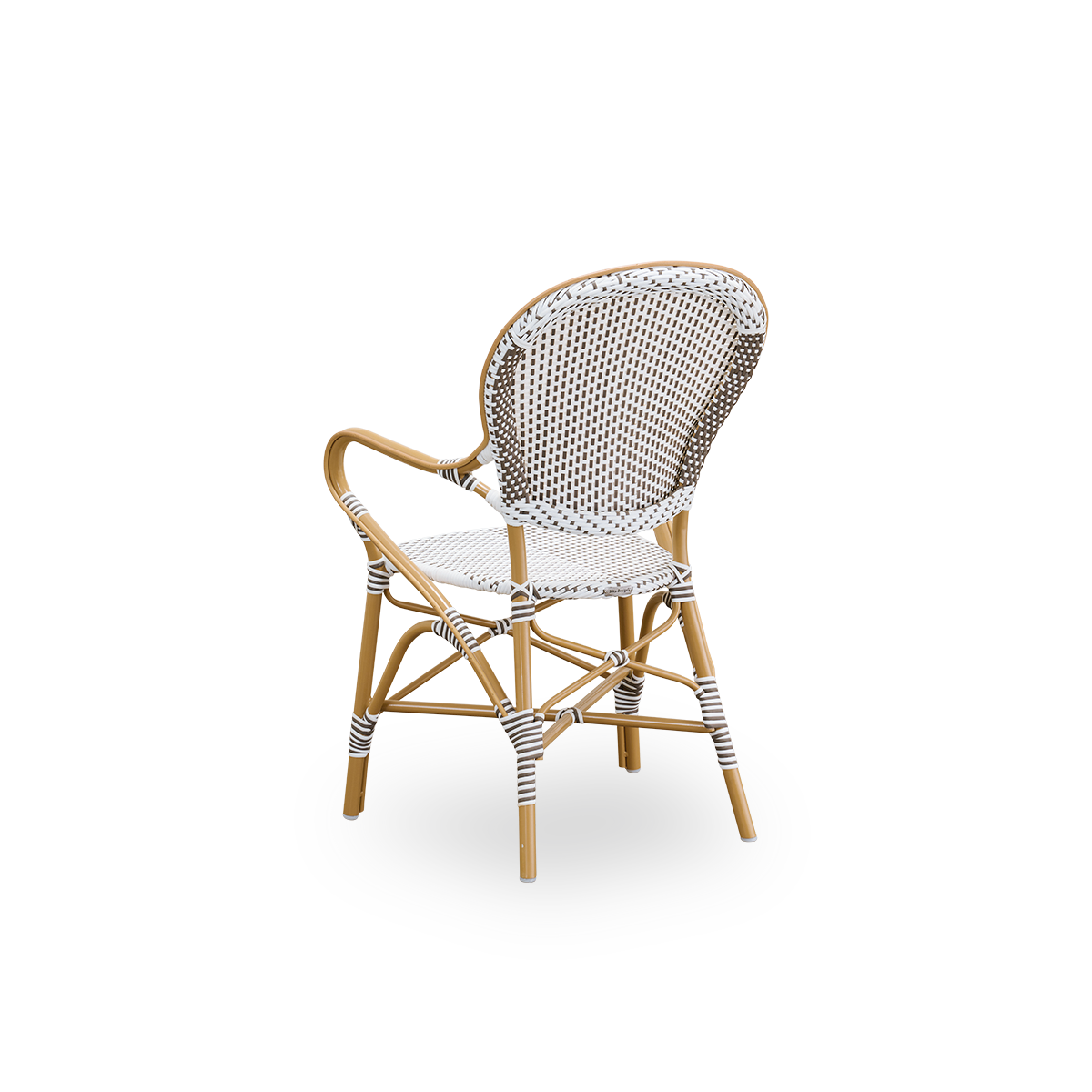 Vista trasera del sillón de comedor exterior Isabell.
Estructura de aluminio color almendra con asiento y respaldo de ArtFibre blanco con puntos marrones. Inspirado en el diseño de bistró de los años 50.