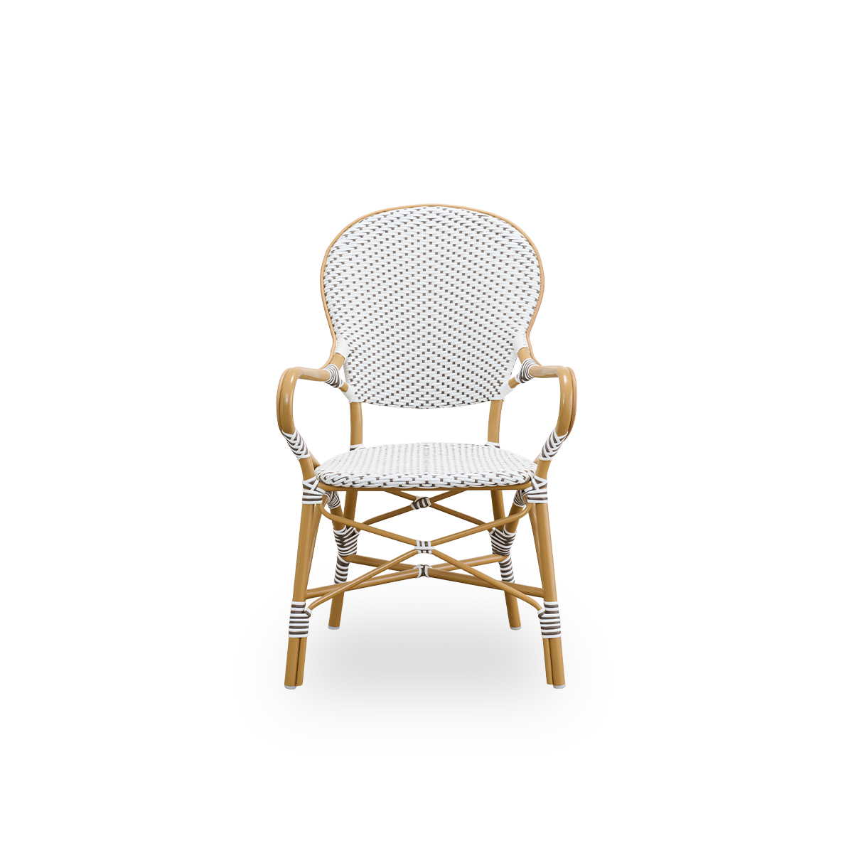 Vista frontal del sillón de comedor exterior Isabell.
Estructura de aluminio color almendra con asiento y respaldo de ArtFibre blanca con puntos marrones. Inspirado en el diseño de los bistrós de los años 50.