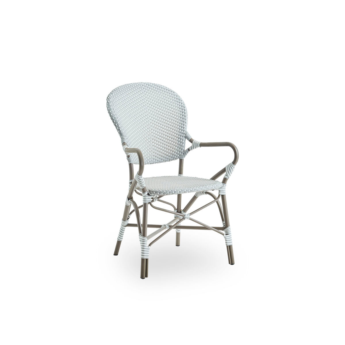 Side view of Isabell outdoor dining armchair. Taupe aluminium frame with seat and backrest made in grey ArtFibre with white dots. Inspired by 1950s bistro design.