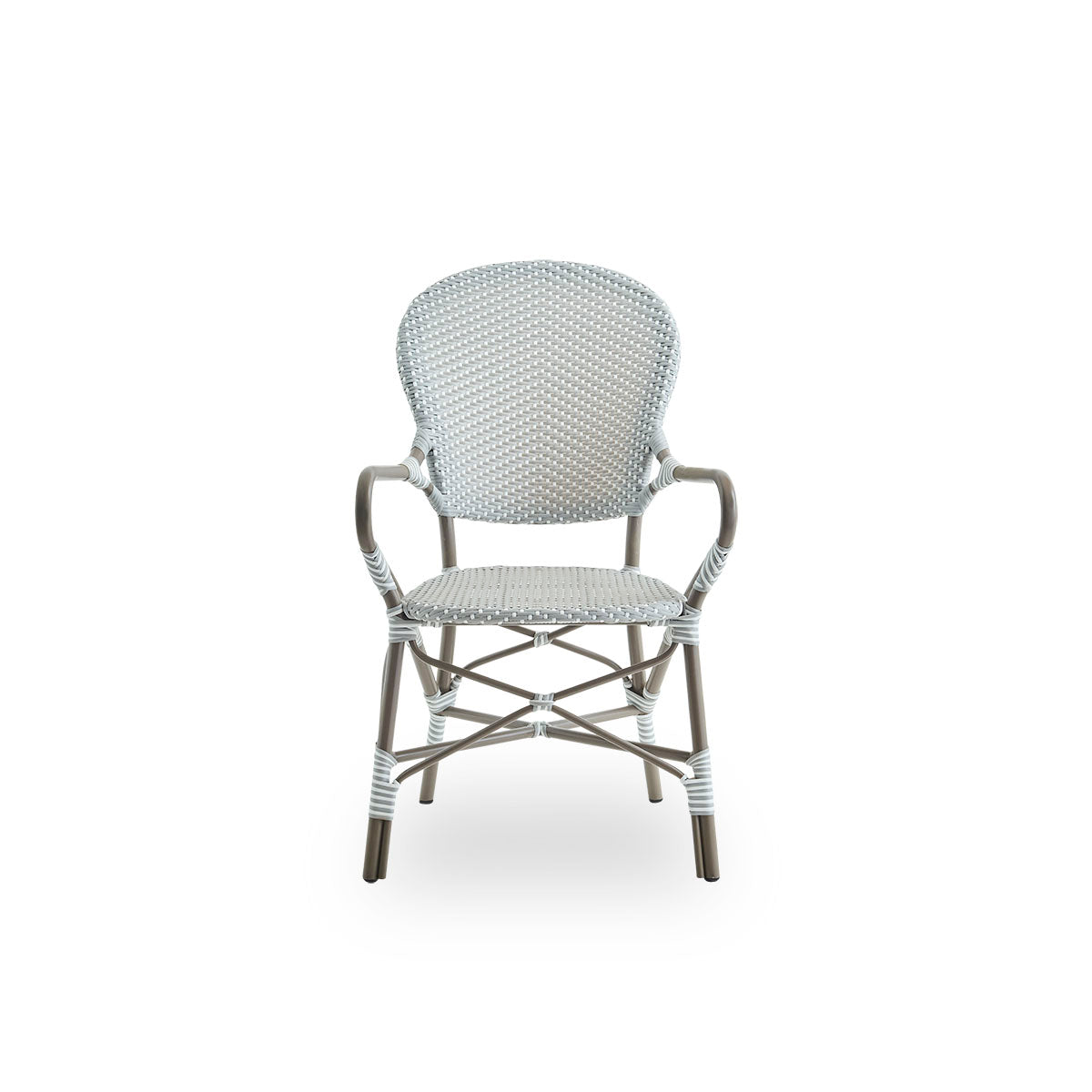 Front view of the Isabell outdoor dining armchair.
Taupe aluminium frame with seat and backrest made in grey ArtFibre with white dots. Inspired by 1950s bistro design.