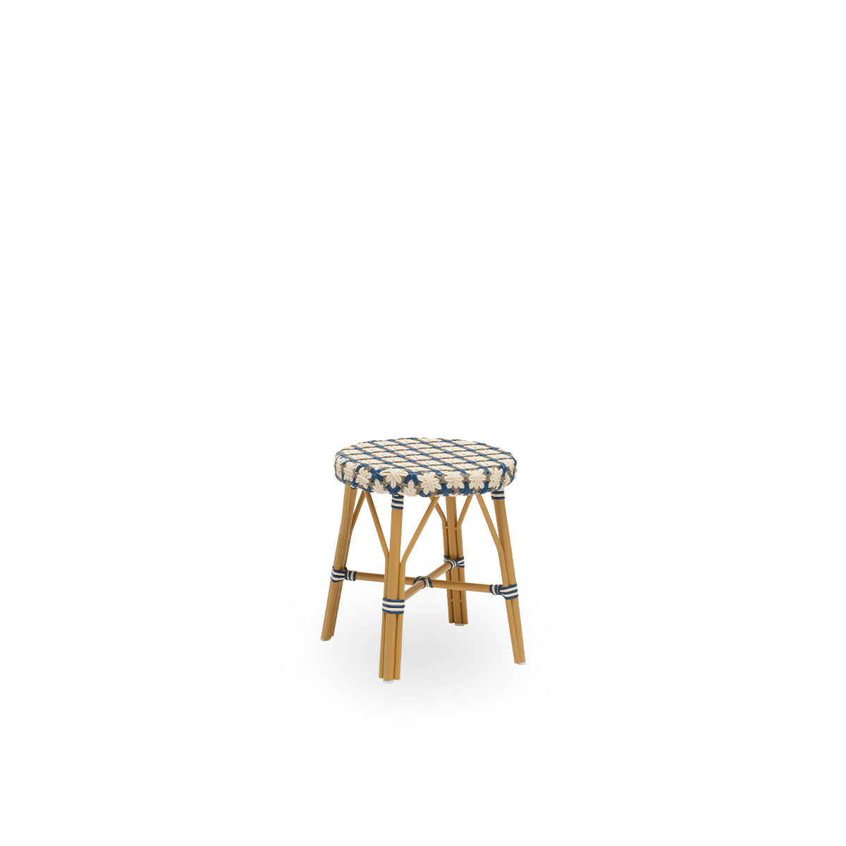 Side view of Simone outdoor stool height 52 cm. Aluminium frame in Almond color with footrest, with fully woven round seat handcrafted in ArtFibre with starweave in Ivory, Navy Blue and Cappuccino. Stackable stool.