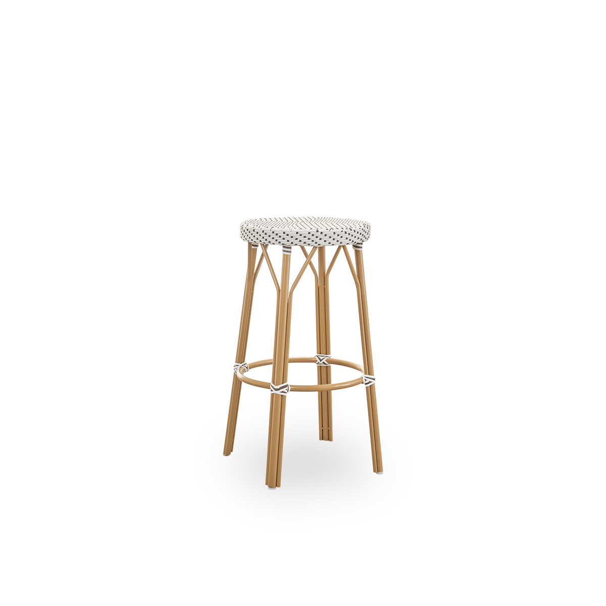 Seitenansicht des Simone Outdoor-Barhockers, Höhe 78 cm. Aluminiumrahmen in Mandel-Farbe mit Fußstütze und vollständig geflochtenem rundem Sitz, handgefertigt aus weißem ArtFibre mit braunen Punkten. Stapelbarer Barhocker.