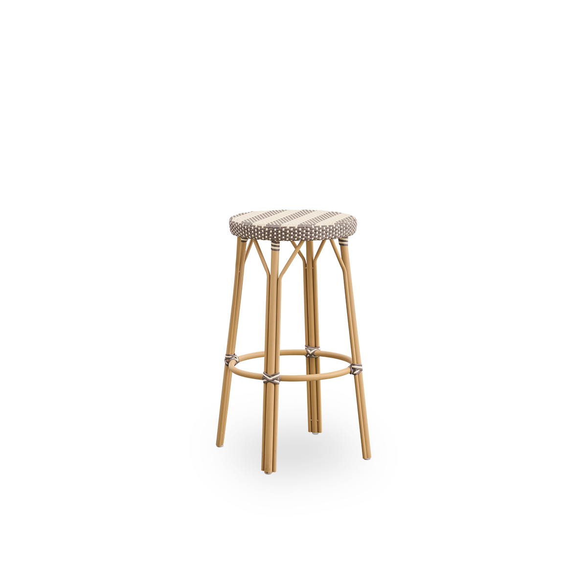 Vista lateral del taburete de bar exterior Simone, altura 78 cm. Estructura de aluminio en color Almendra con reposapiés y asiento redondo completamente tejido, hecho a mano en ArtFibre con rayas anchas en marfil y marrón. Taburete apilable.