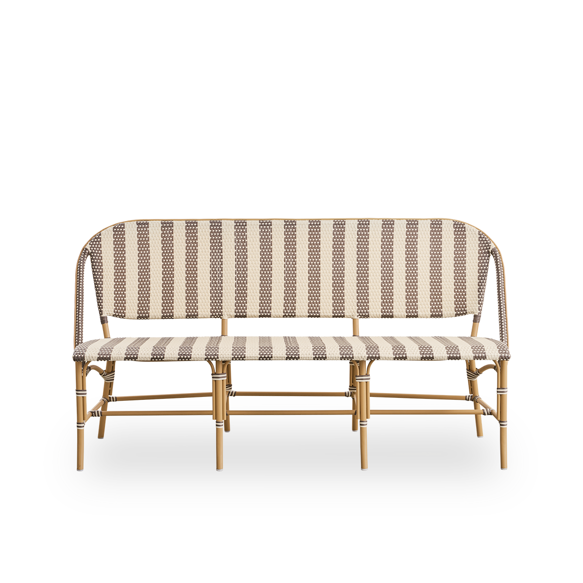 Vista frontal del banco exterior de ratán Sofie inspirado en el estilo de los cafés franceses.
Estructura de ratán con asiento y respaldo completamente tejidos a mano en ArtFibre con un diseño de rayas anchas en marfil y marrón. Banco bistró de ratán apil