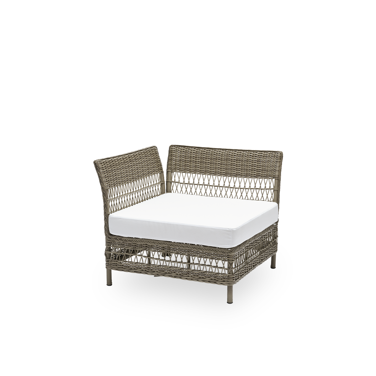 Vista lateral del sofá de exterior Mona, módulo esquinero con cojín de asiento, en ArtFibre gris antiguo y aluminio. Parte del sofá modular Mona, que se adapta a la forma del espacio exterior.
