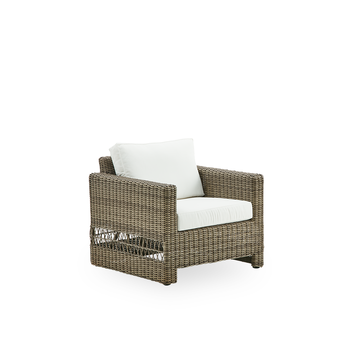 Vista lateral de la silla lounge exterior Carrie en color Antique Grey. Silla lounge cuadrada y robusta con estructura de aluminio completamente tejida en ArtFibre.