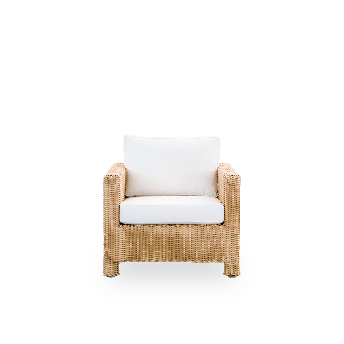 Vista frontal del sillón de exterior Carrie en color natural. Sillón cuadrado y robusto con estructura de aluminio completamente tejida con ArtFibre.