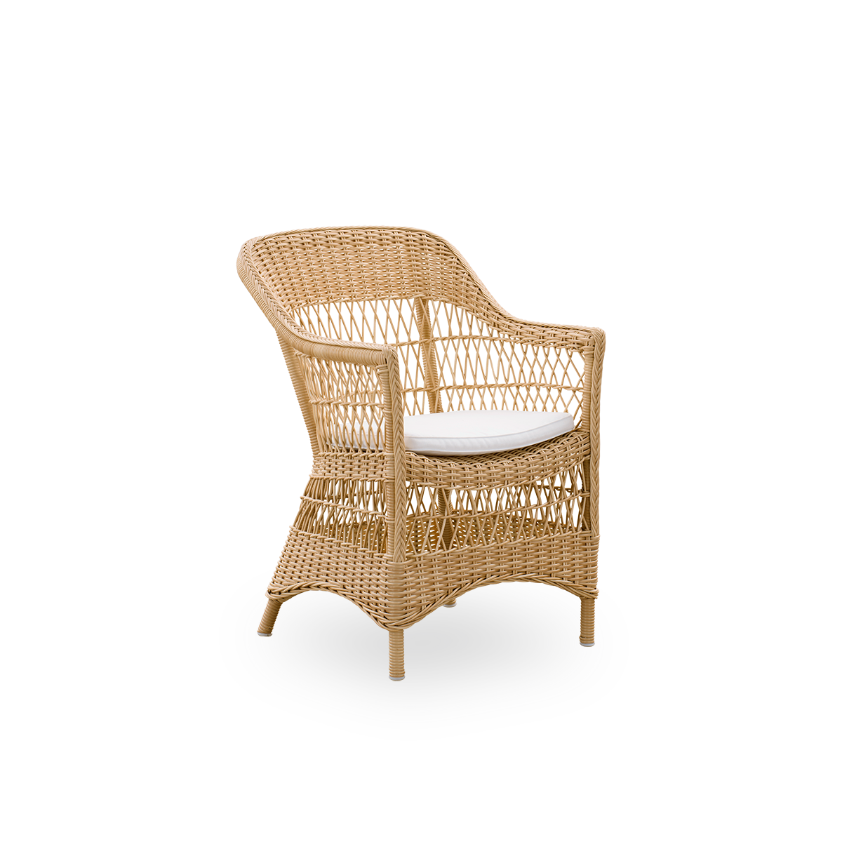 Vista lateral de la silla de comedor exterior Charlot en color natural, una silla exterior totalmente tejida al estilo colonial británico, hecha a mano con ArtFibre sobre estructuras de aluminio duraderas.
