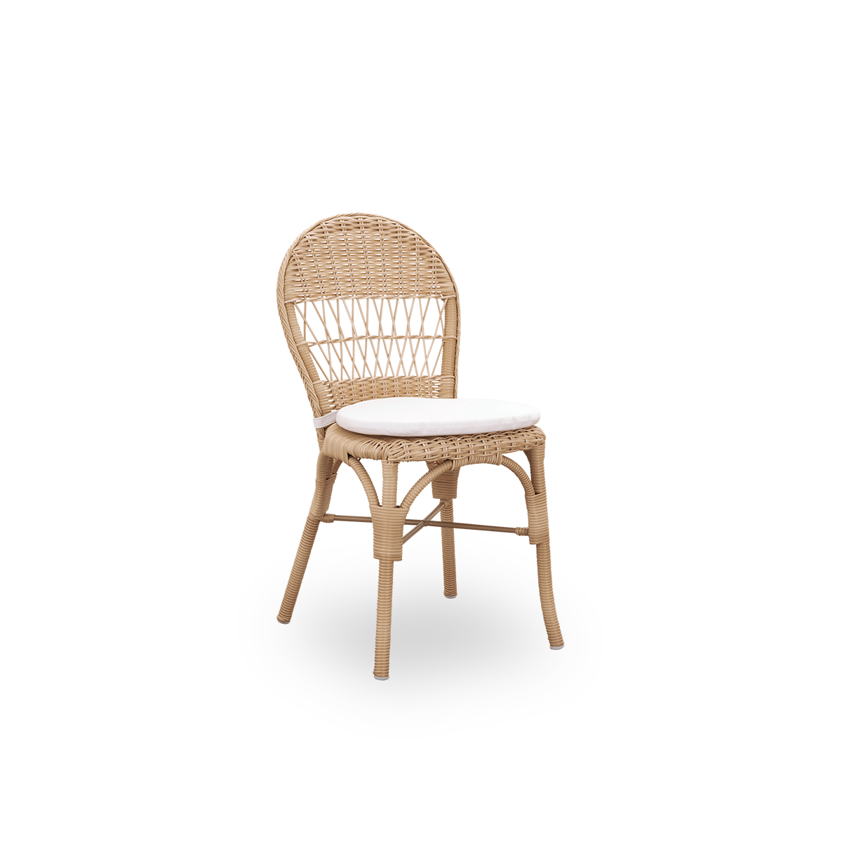 Vista lateral de la silla de comedor exterior Ofelia en color Antique Natural. Una silla de comedor más pequeña sin brazos, hecha de estructura de aluminio completamente tejida con ArtFibre.