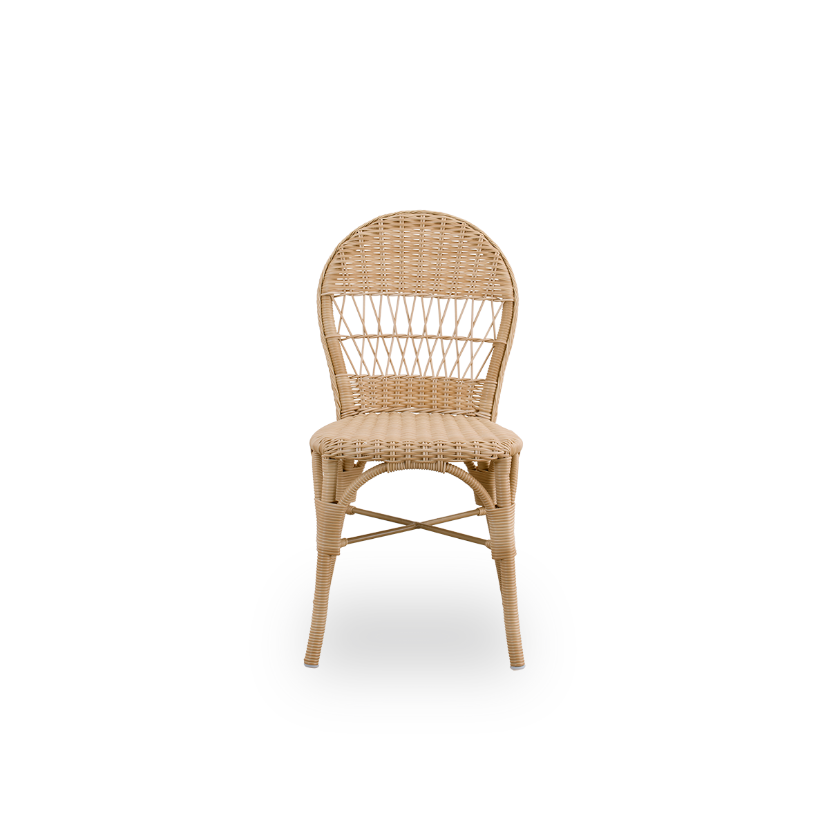 Vista frontal de la silla de comedor exterior Ofelia en color natural.
Una silla de comedor más pequeña sin reposabrazos, hecha con estructura de aluminio completamente tejida en ArtFibre.