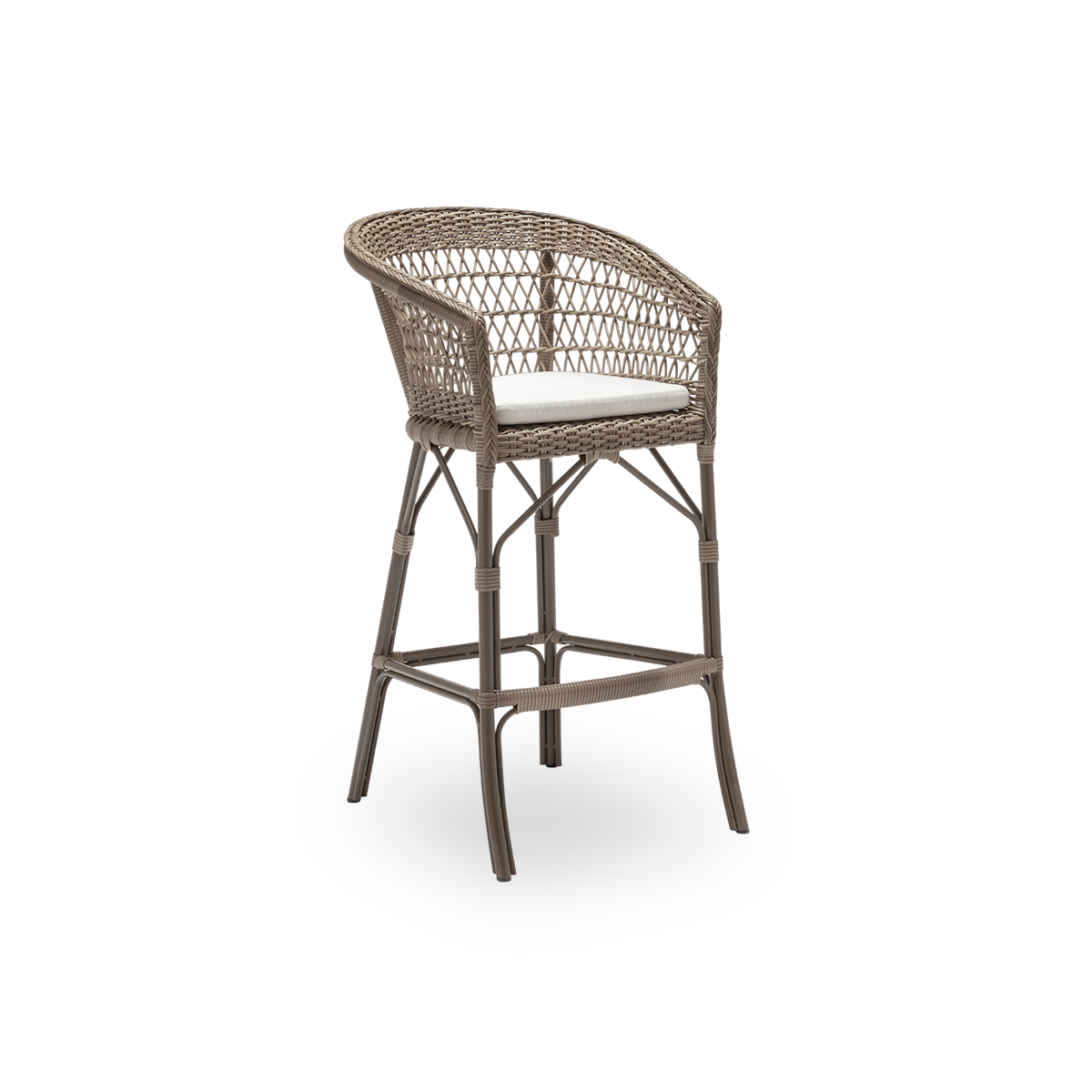 Vista lateral del taburete de bar de exterior Emma con cojín de asiento, en ArtFibre gris antiguo y aluminio. De la colección Georgia Garden de Sika-Design, apta tanto para el hogar como para hoteles y restaurantes.