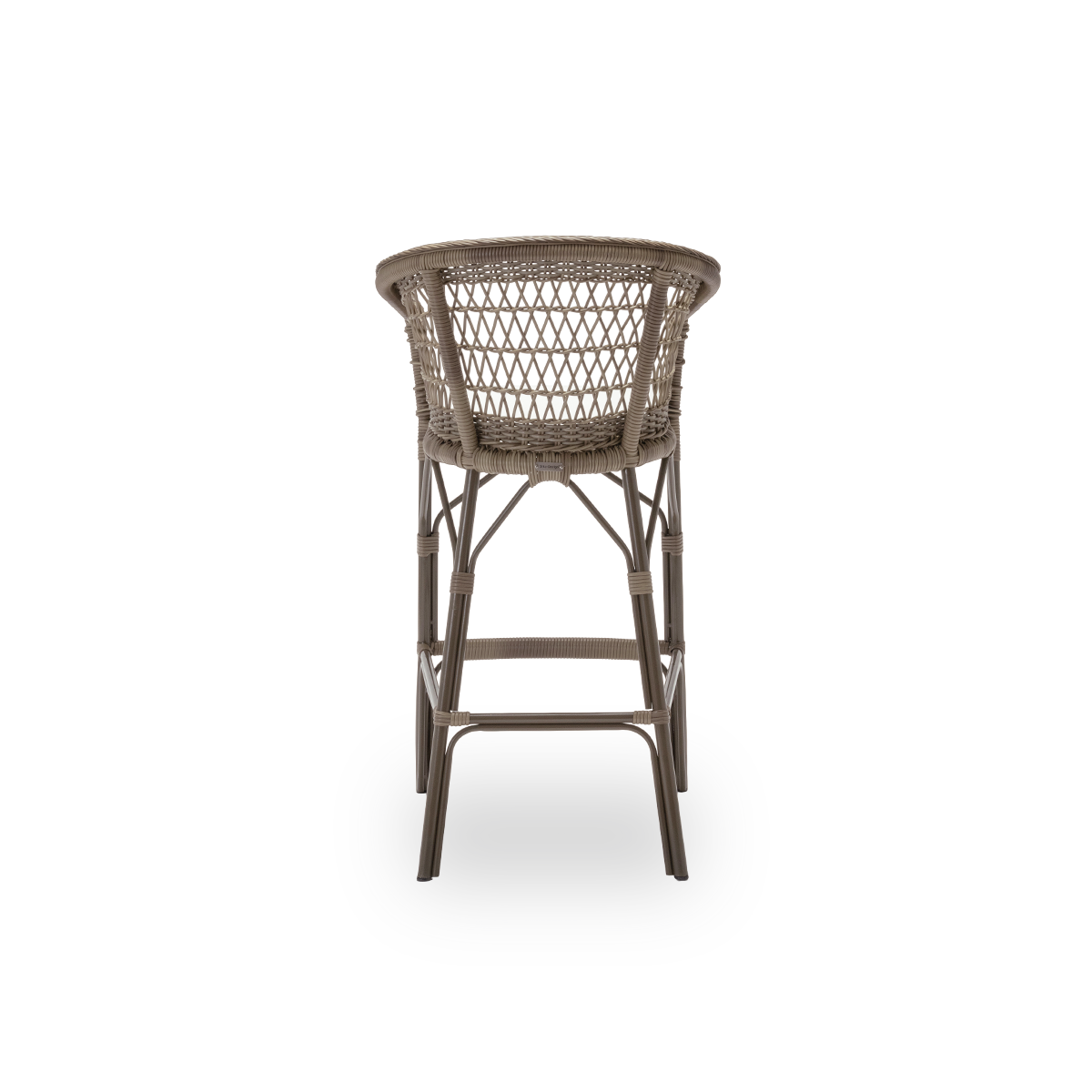 Vista posterior sencilla del taburete de bar de exterior Emma con cojín de asiento, en ArtFibre gris antiguo y aluminio. De la colección Georgia Garden de Sika-Design, apta tanto para el hogar como para hoteles y restaurantes.