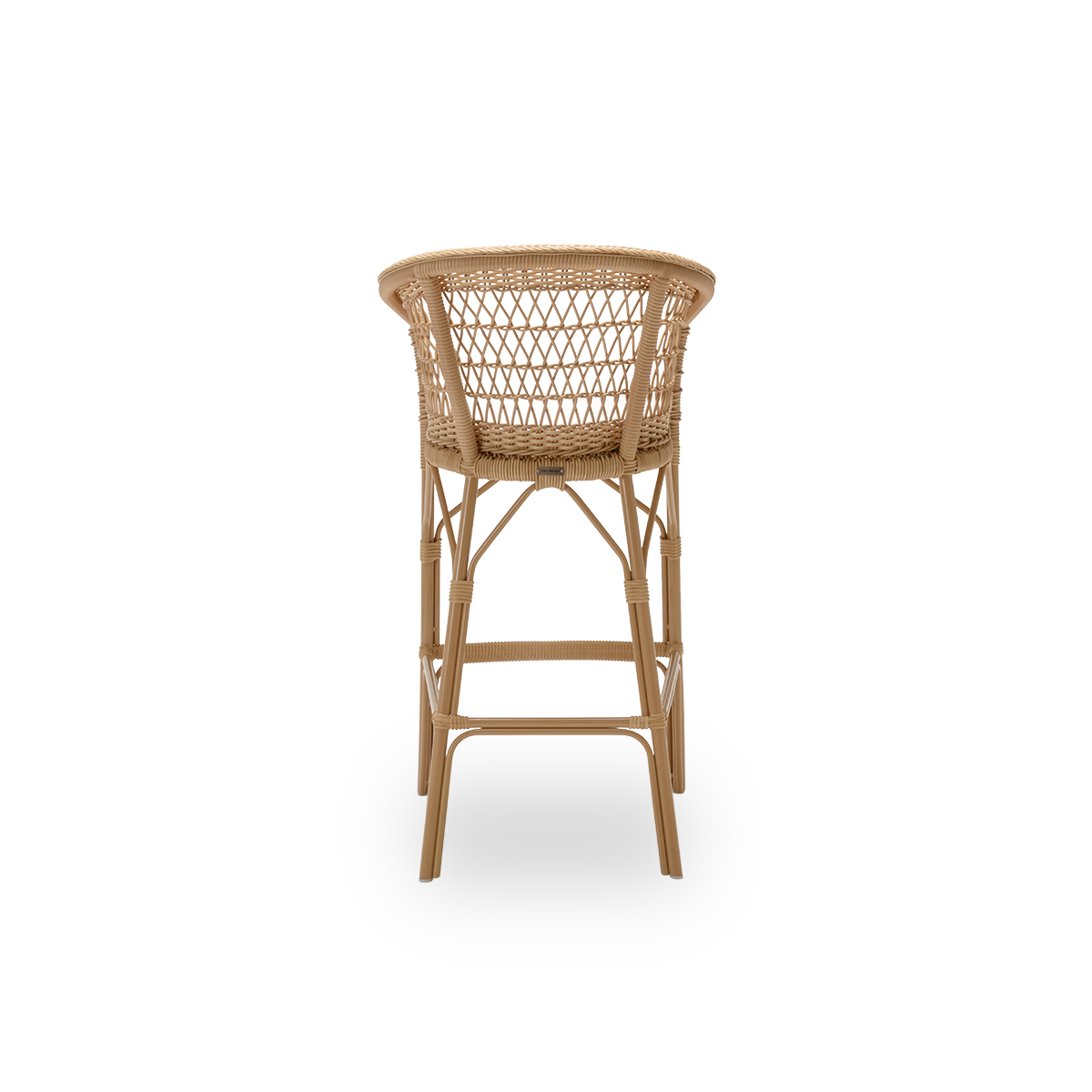 Vista posterior sencilla del taburete de bar de exterior Emma con cojín de asiento, en ArtFibre y aluminio naturales. De la colección Georgia Garden de Sika-Design, apta tanto para el hogar como para hoteles y restaurantes.