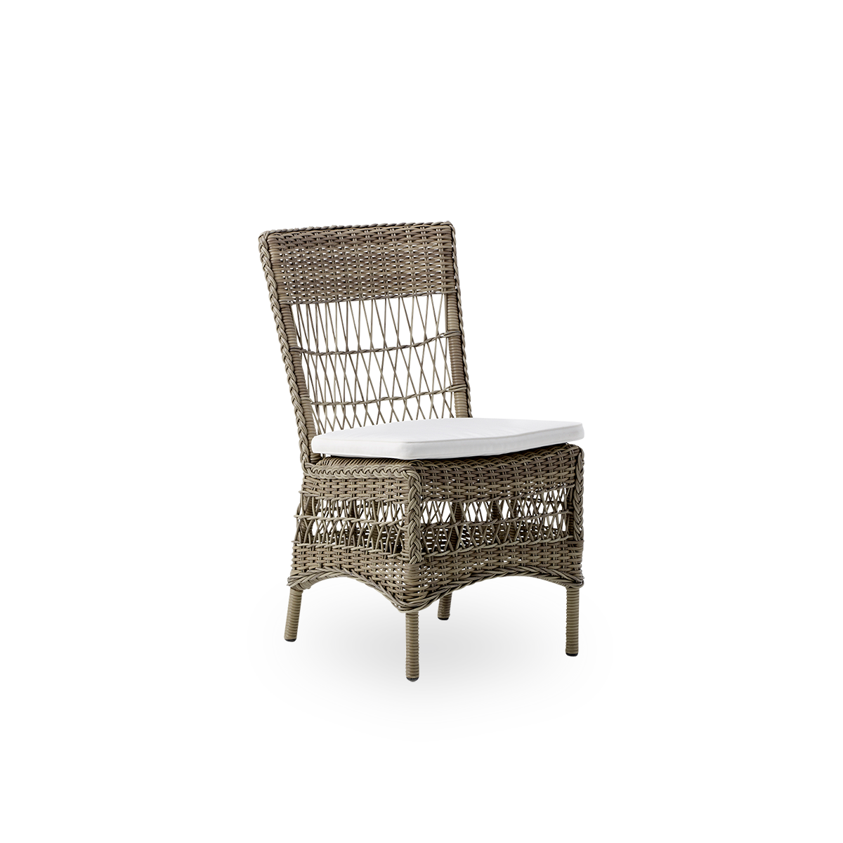 Vista lateral de la silla de comedor exterior Marie en color Antique Grey. Estructura de aluminio completamente tejida con ArtFibre, inspirada en el estilo colonial británico.