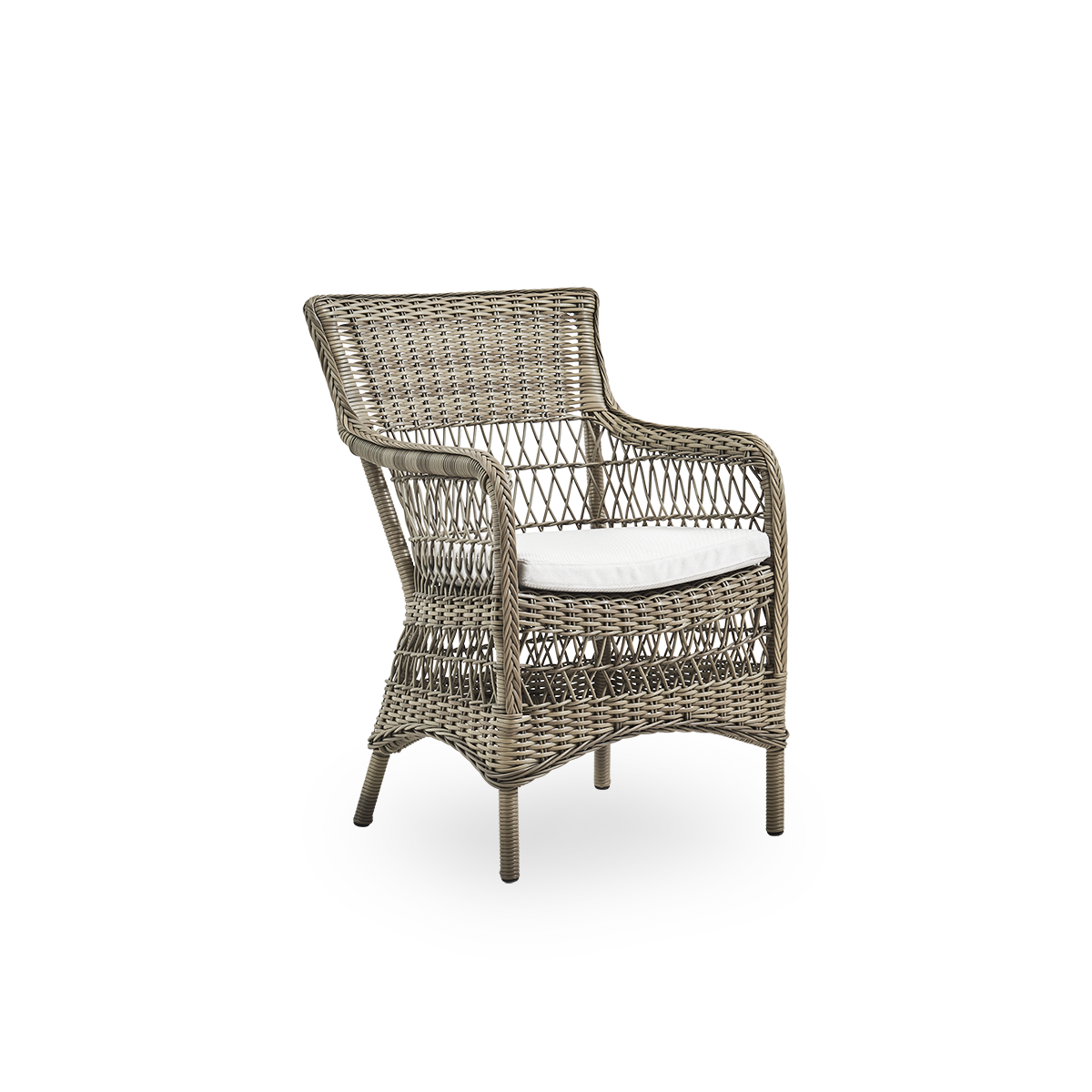 Vista lateral de la silla de comedor exterior Marie con reposabrazos en color Antique Grey. Estructura de aluminio completamente tejida con ArtFibre, inspirada en el estilo colonial británico.