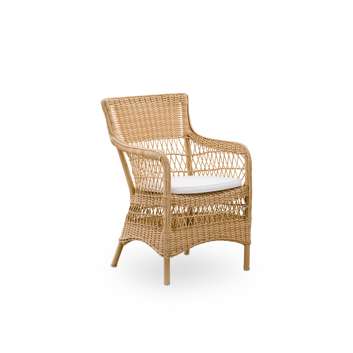 Vista lateral de la silla de comedor exterior Marie con reposabrazos en color Natural. Estructura de aluminio completamente tejida con ArtFibre, inspirada en el estilo colonial británico.