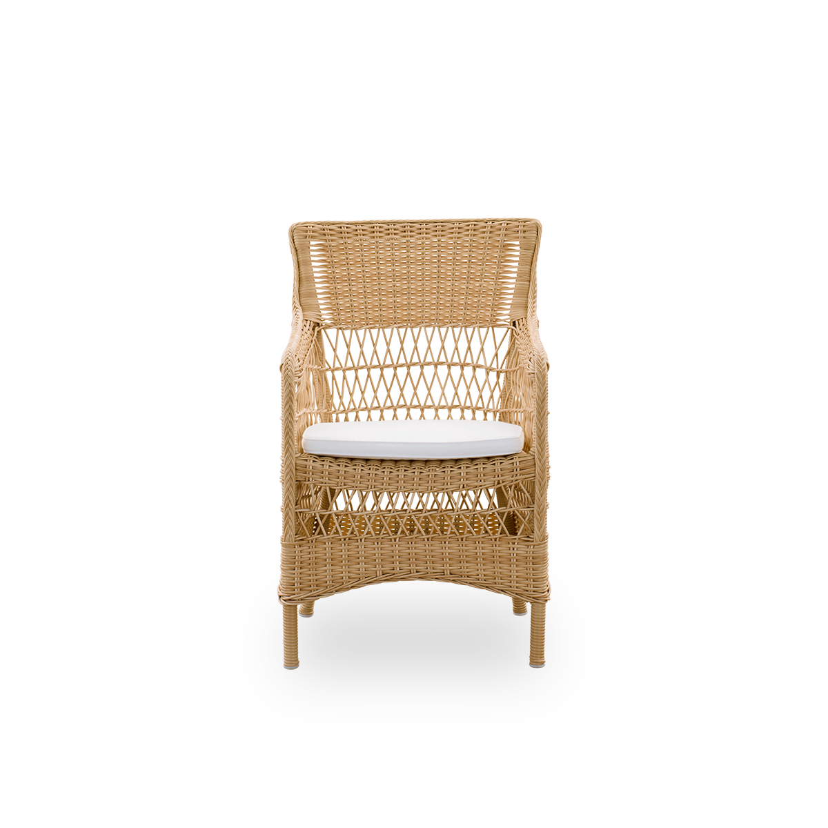 Vista frontal de la silla de comedor exterior Marie con reposabrazos, presentada en color natural.
Estructura de aluminio completamente tejida con ArtFibre, inspirada en el estilo colonial británico.