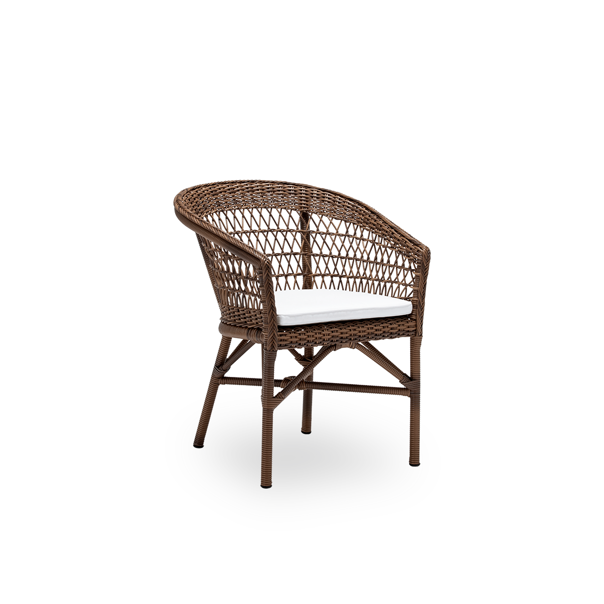 Vista lateral de la silla de comedor de exterior Emma con cojín de asiento, en ArtFibre marrón y aluminio. De la colección Georgia Garden de Sika-Design, inspirada en el estilo colonial británico y el mueble de mimbre danés clásico.